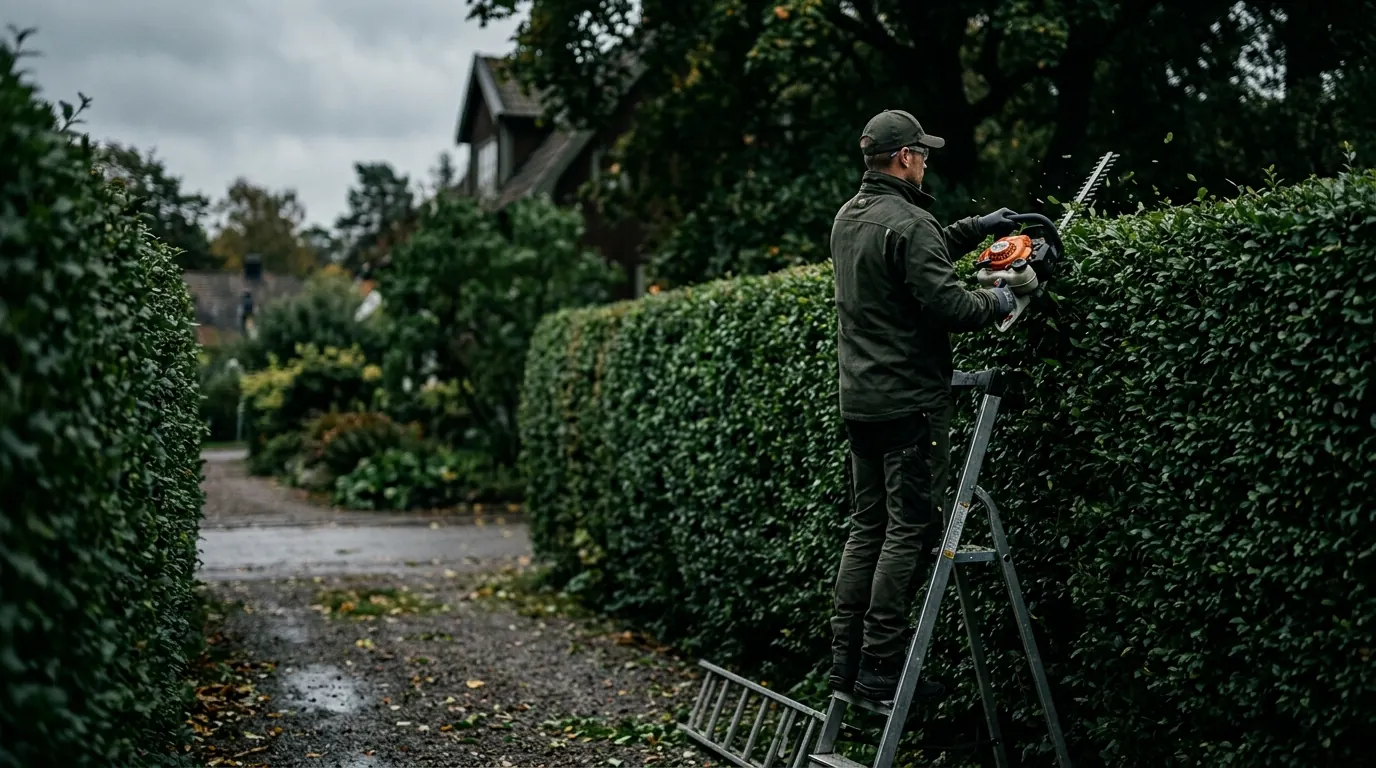 Häckklippning i en villaträdgård i Uppsala
