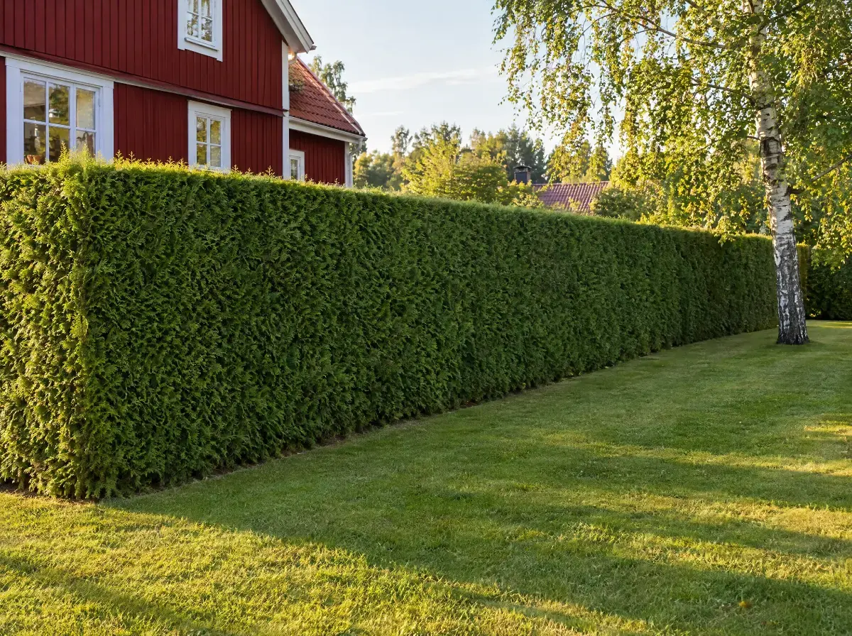 Nyklippt tujahäck med raka kanter i en villaträdgård i Uppsala