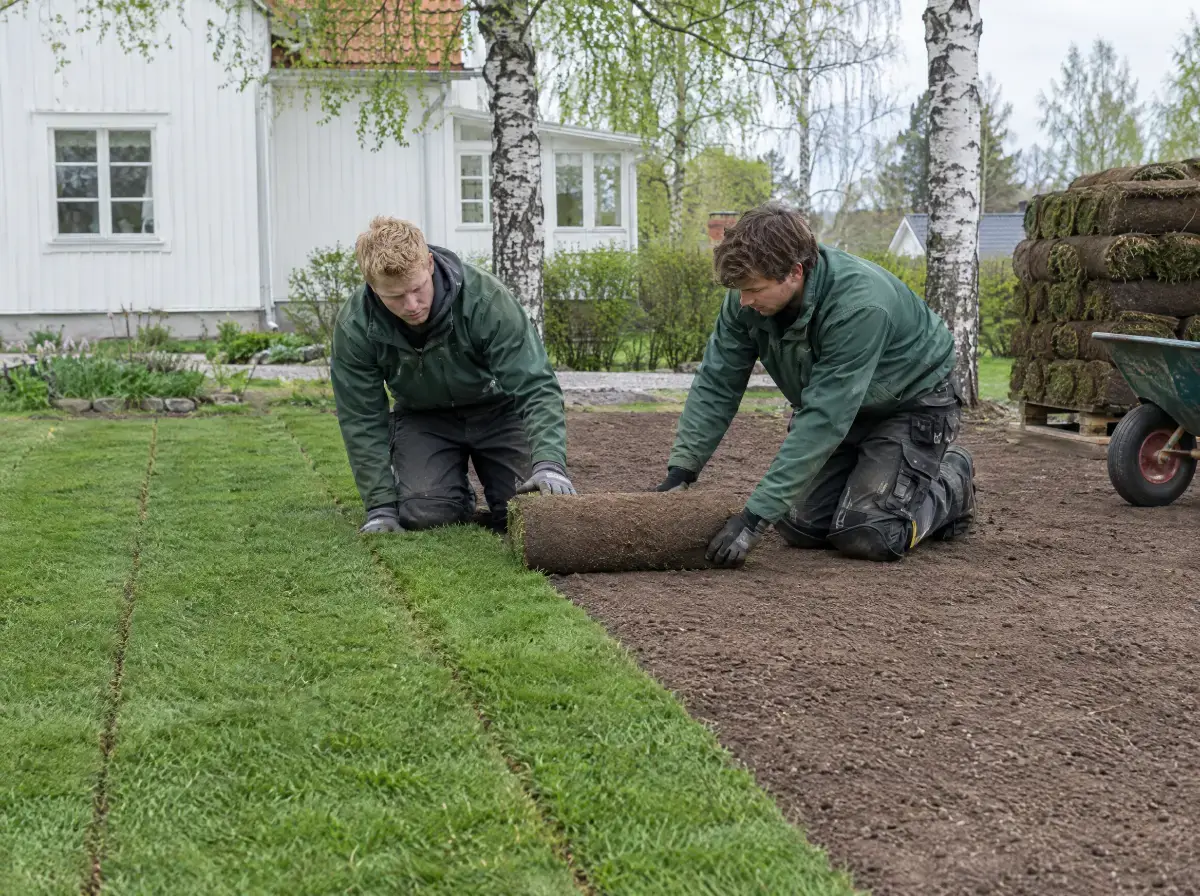 Anläggning av ny gräsmatta med rullgräs i en trädgård