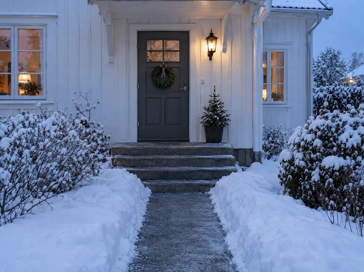 Skottad och sandad trappa och gång fram till en villa i Uppsala